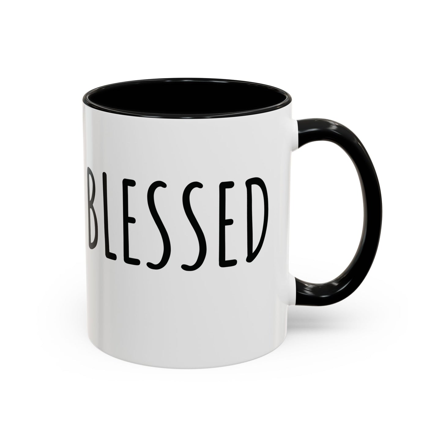 White ceramic Blessed farmhouse mug with black handle, black interior, and bold BLESSED lettering