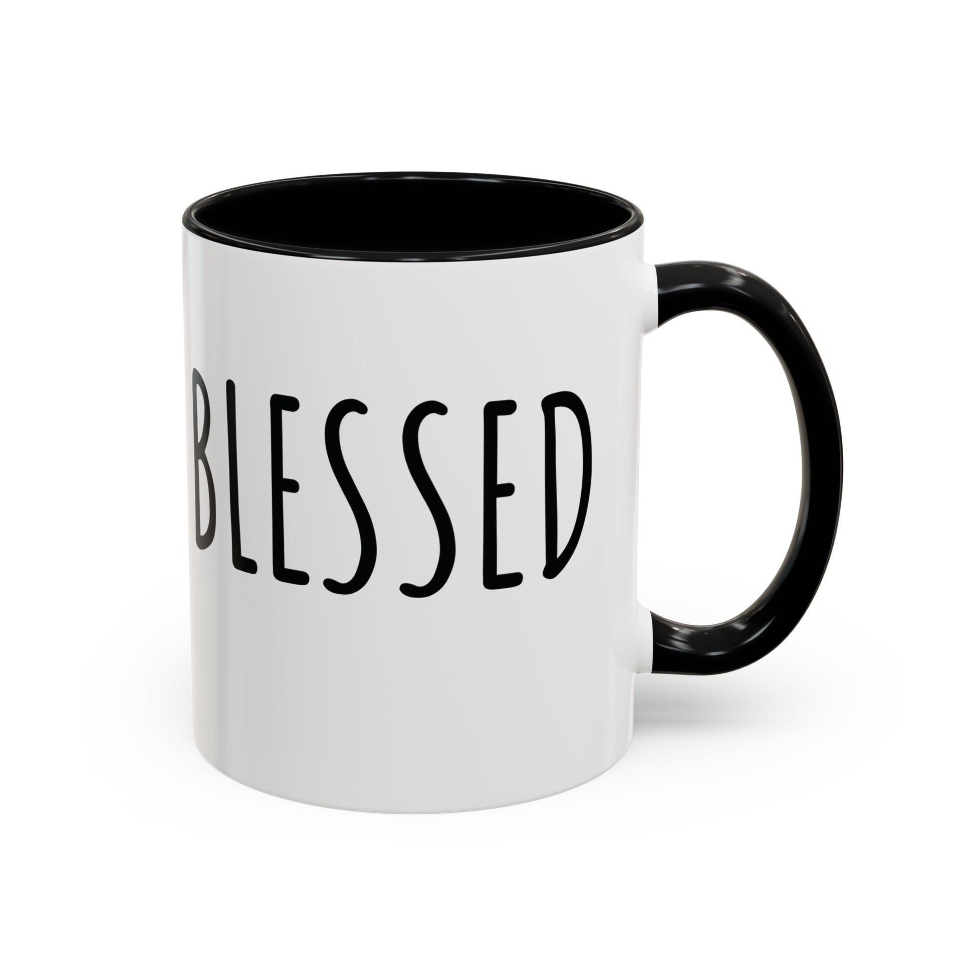 White ceramic Blessed farmhouse mug with black handle, black interior, and bold BLESSED lettering