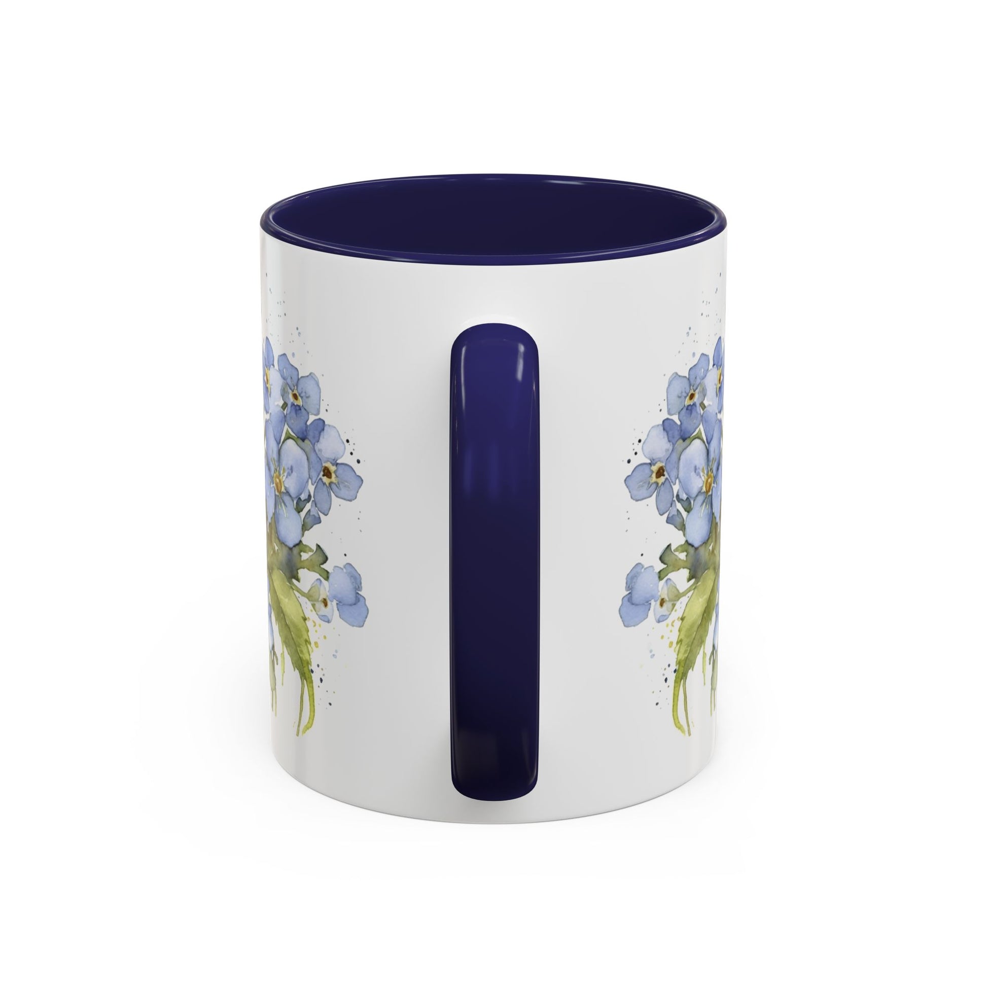 Botanical bee floral ceramic mug with soft blue flowers, tiny bees, navy handle, and cozy handcrafted look.