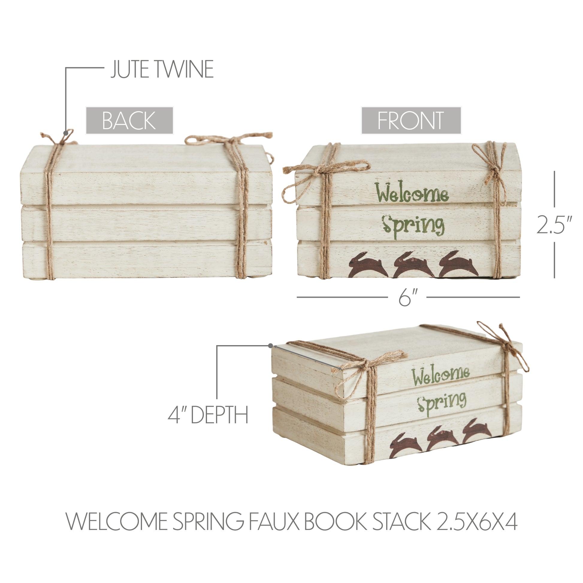 Cream faux book stack decor with Welcome Spring text, hand-painted bunnies, and soft farmhouse spring charm.