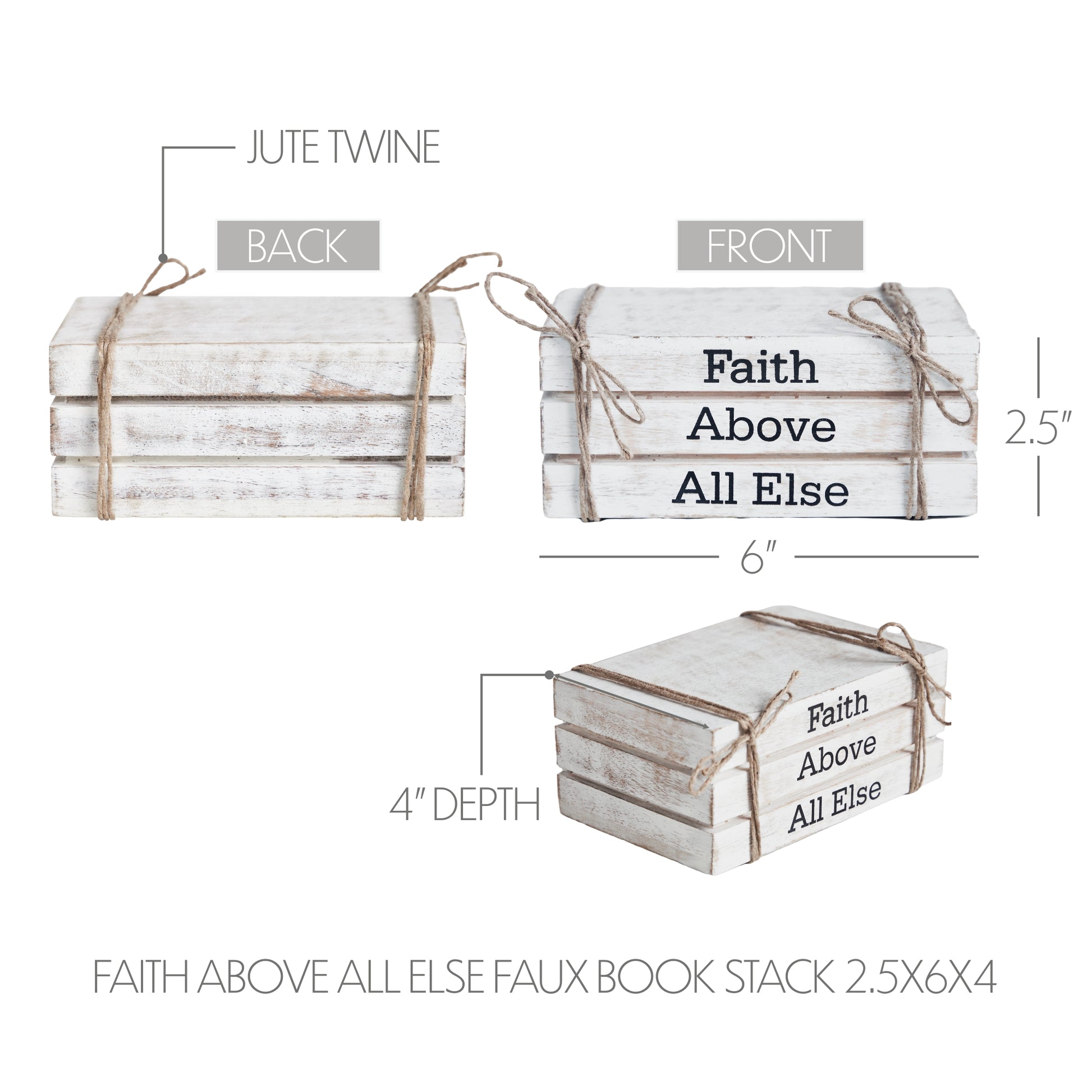 Rustic whitewashed faux book stack with “Faith Above All Else” text, perfect faith-inspired farmhouse decor.