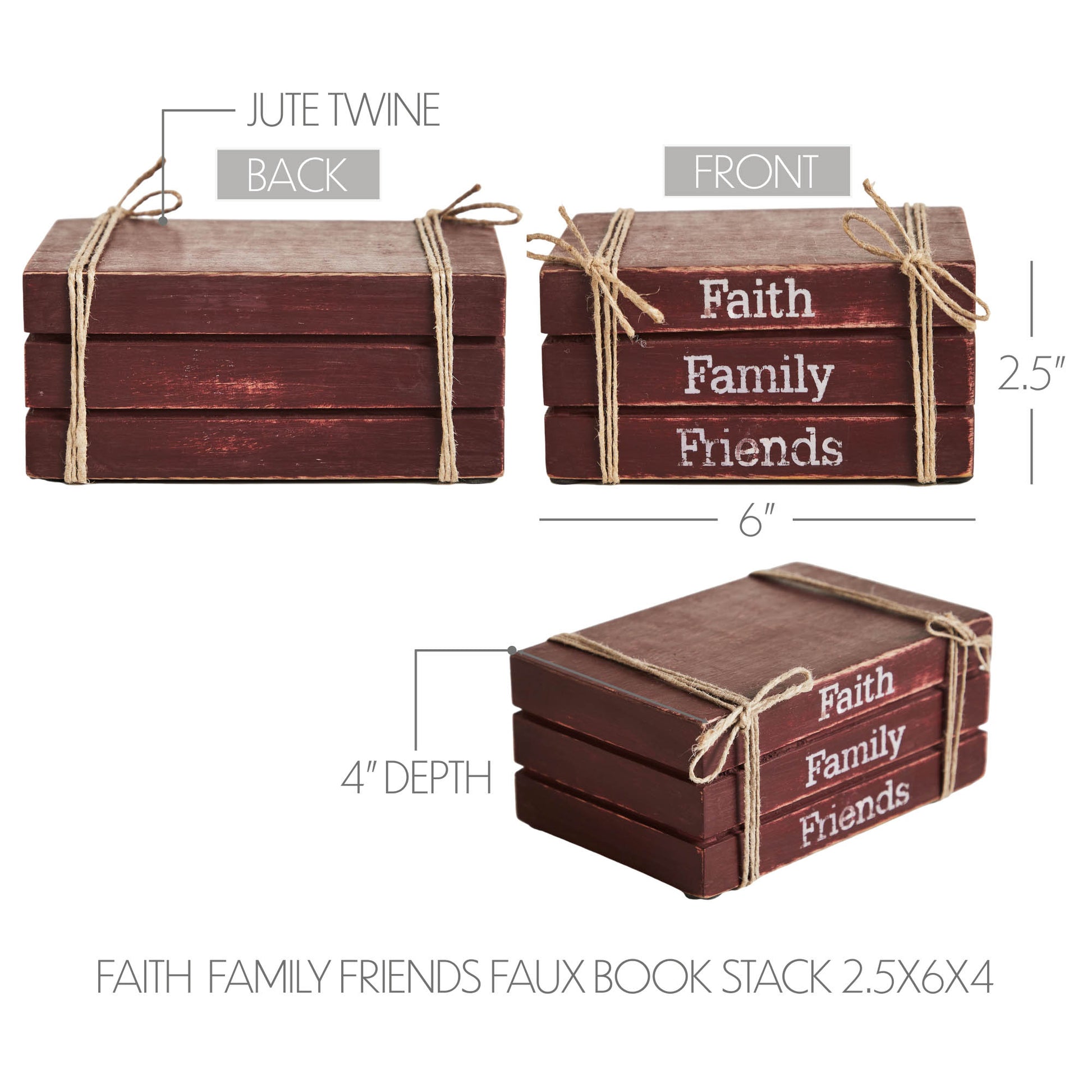 Wooden book stack with 'Faith Family Friends' text, tied with jute twine, on a white background.