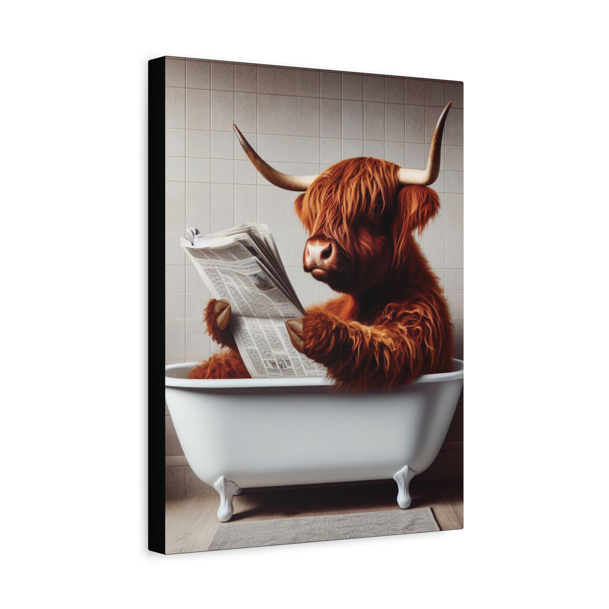 Highland cow in a vintage clawfoot bathtub reading a newspaper, set against a rustic background with a muted color palette.