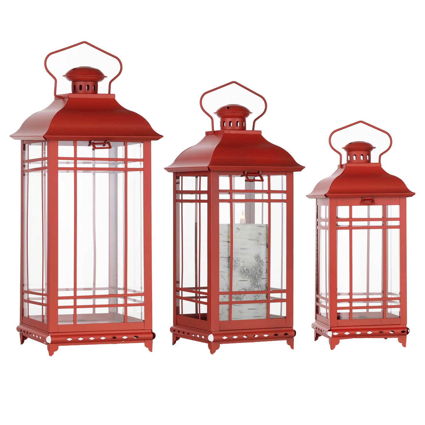 Set of three red metal lanterns with glass panels, classic design, displayed on a wooden surface, ideal for candles or decor.