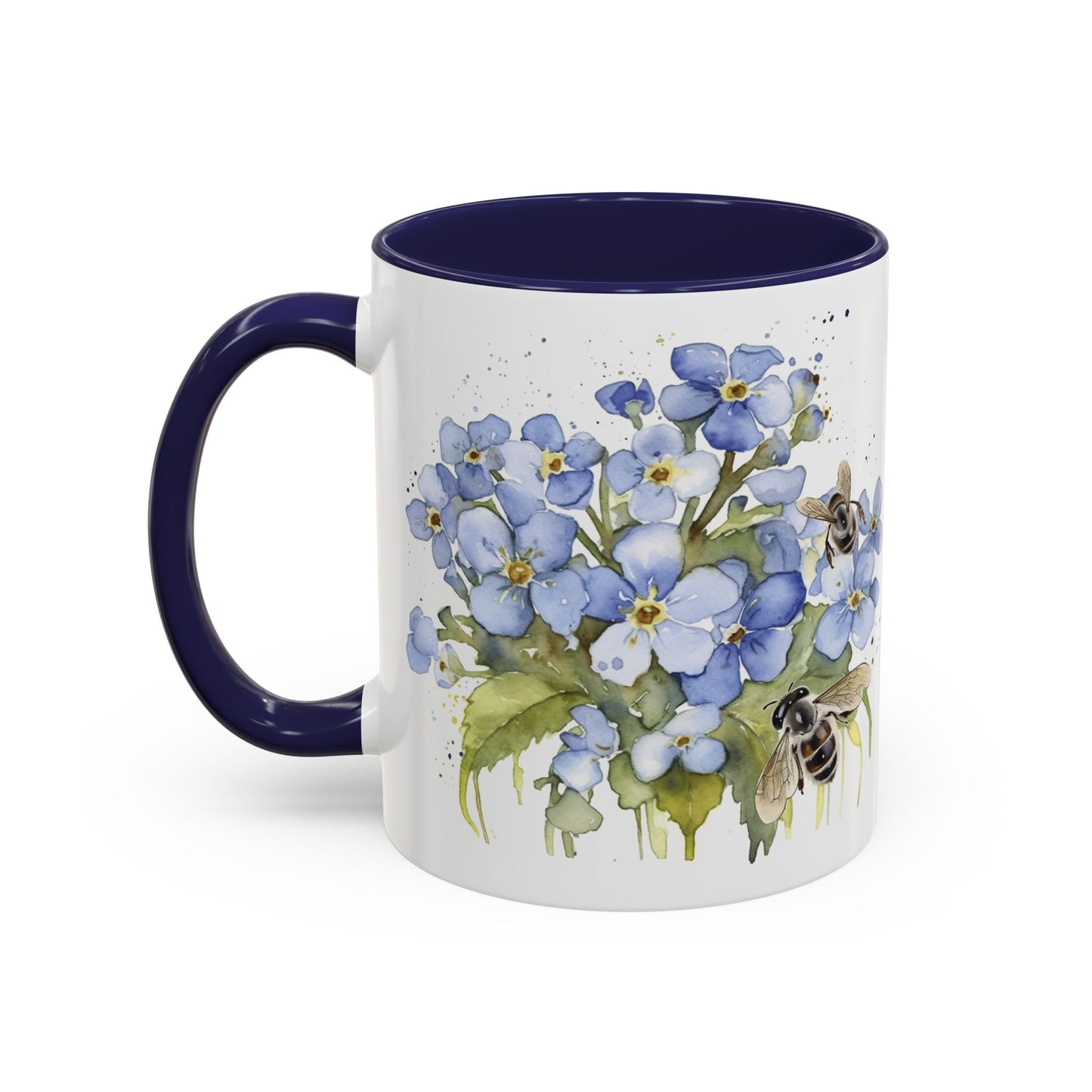 Botanical bee floral ceramic mug with soft blue flowers, tiny bees, navy handle, and cozy handcrafted look.