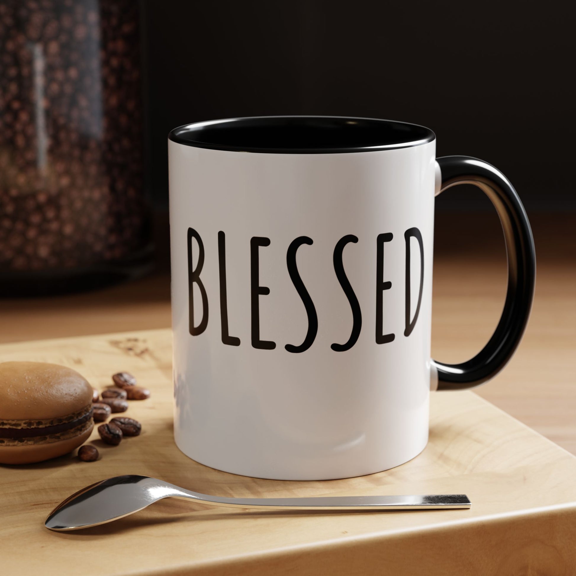 White ceramic Blessed farmhouse mug with black handle, black interior, and bold BLESSED lettering