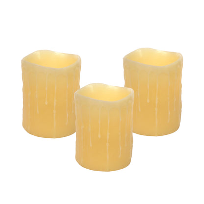 Set of 3 LED Dripping Wax Pillar Candles with lifelike wax texture, warm flickering glow, and safe, flameless design.