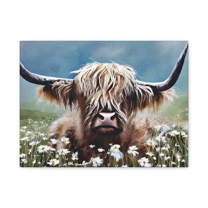 Highland Cow wall decor with watercolor style on artist-grade cotton canvas, showcasing rustic charm and vibrant colors.