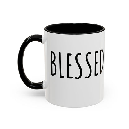 White ceramic Blessed farmhouse mug with black handle, black interior, and bold BLESSED lettering