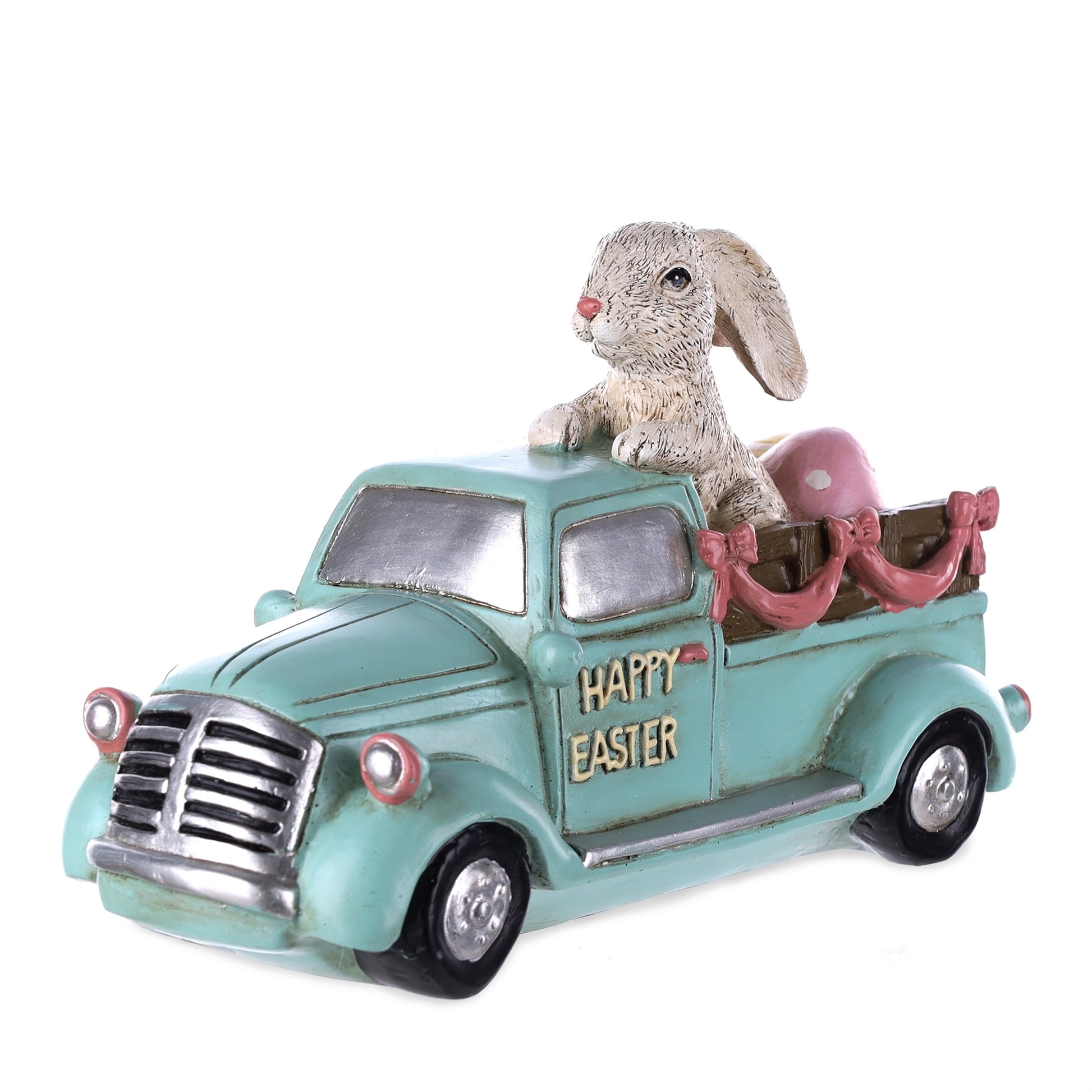 Easter Bunny in a pastel-colored car, crafted from resin, adding a whimsical and colorful touch to home decor.
