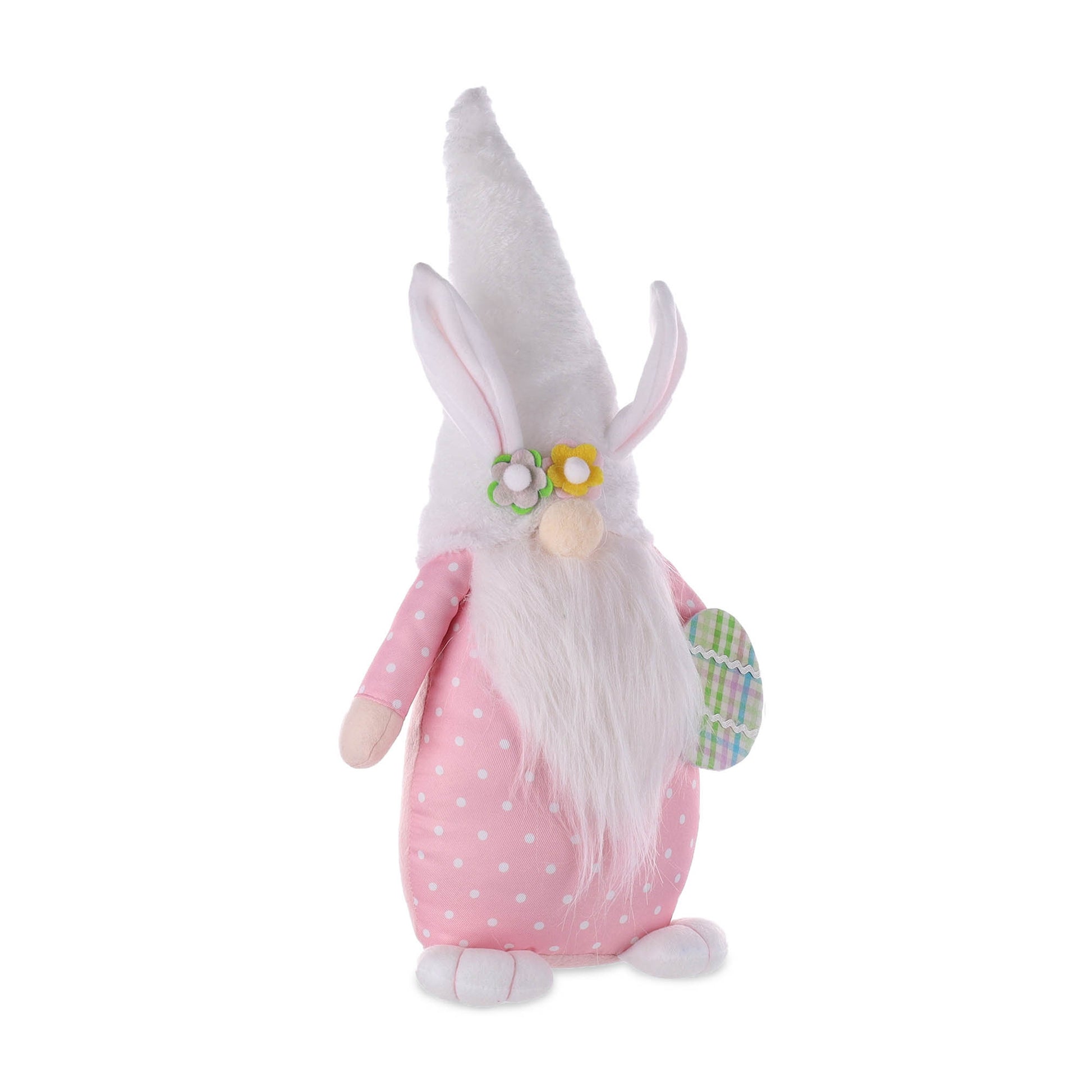 Two plush Easter bunny gnomes in pastel pink and purple with bunny ears, sitting on a shelf, adding whimsy to spring decor.