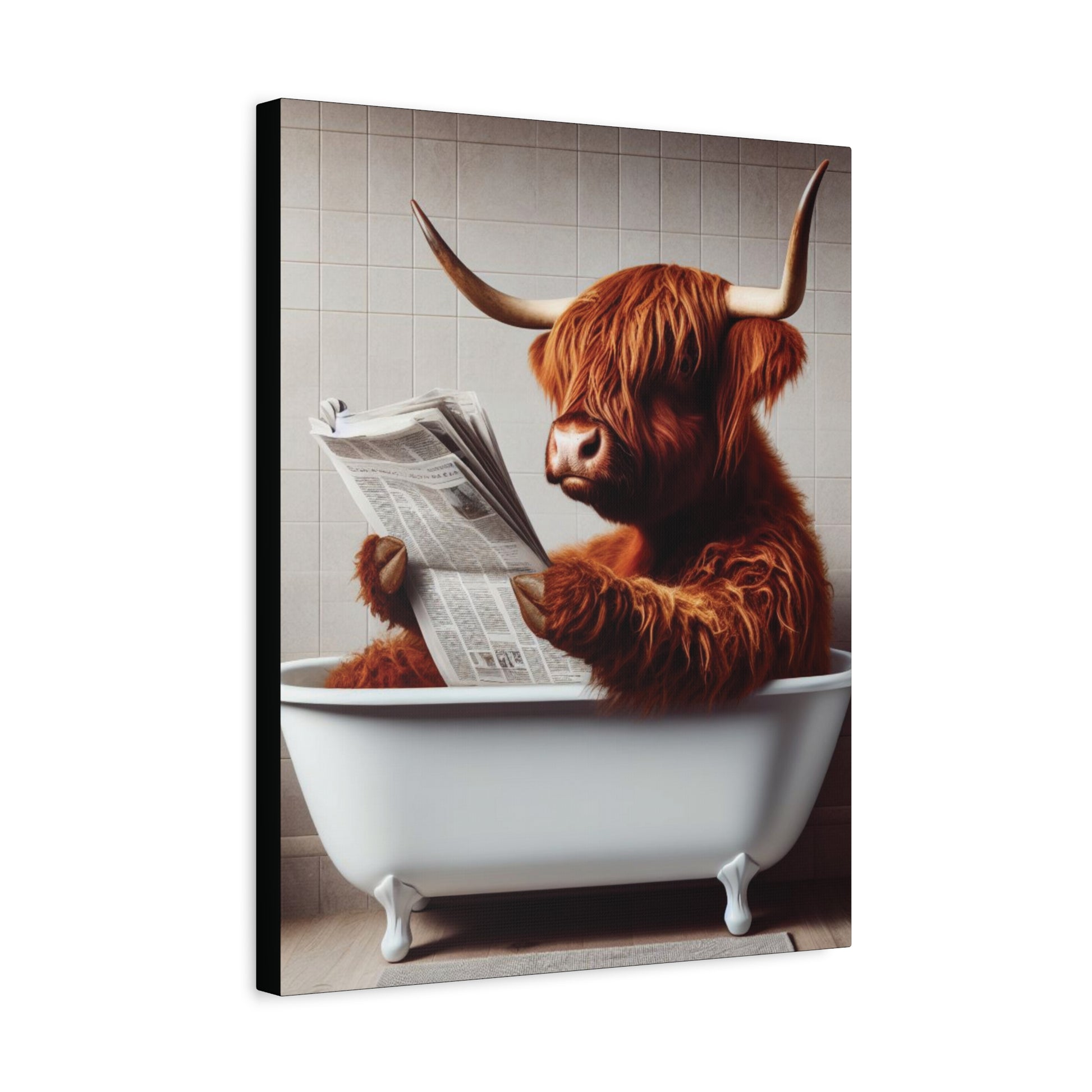 Highland cow in a vintage clawfoot bathtub reading a newspaper, set against a rustic background with a muted color palette.