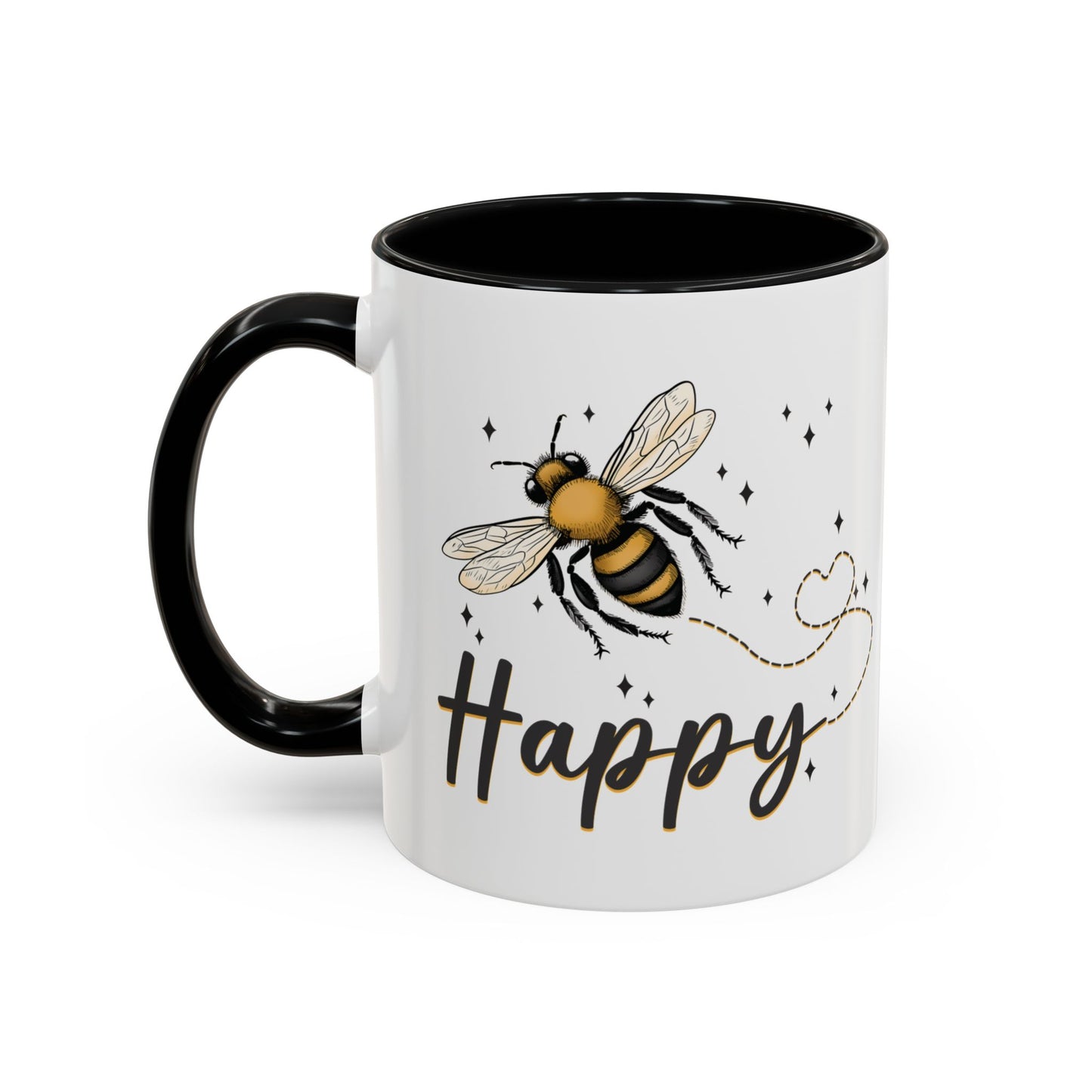 Bee Happy glazed ceramic mug with bee design, soft gold accents, and black handle and inside.