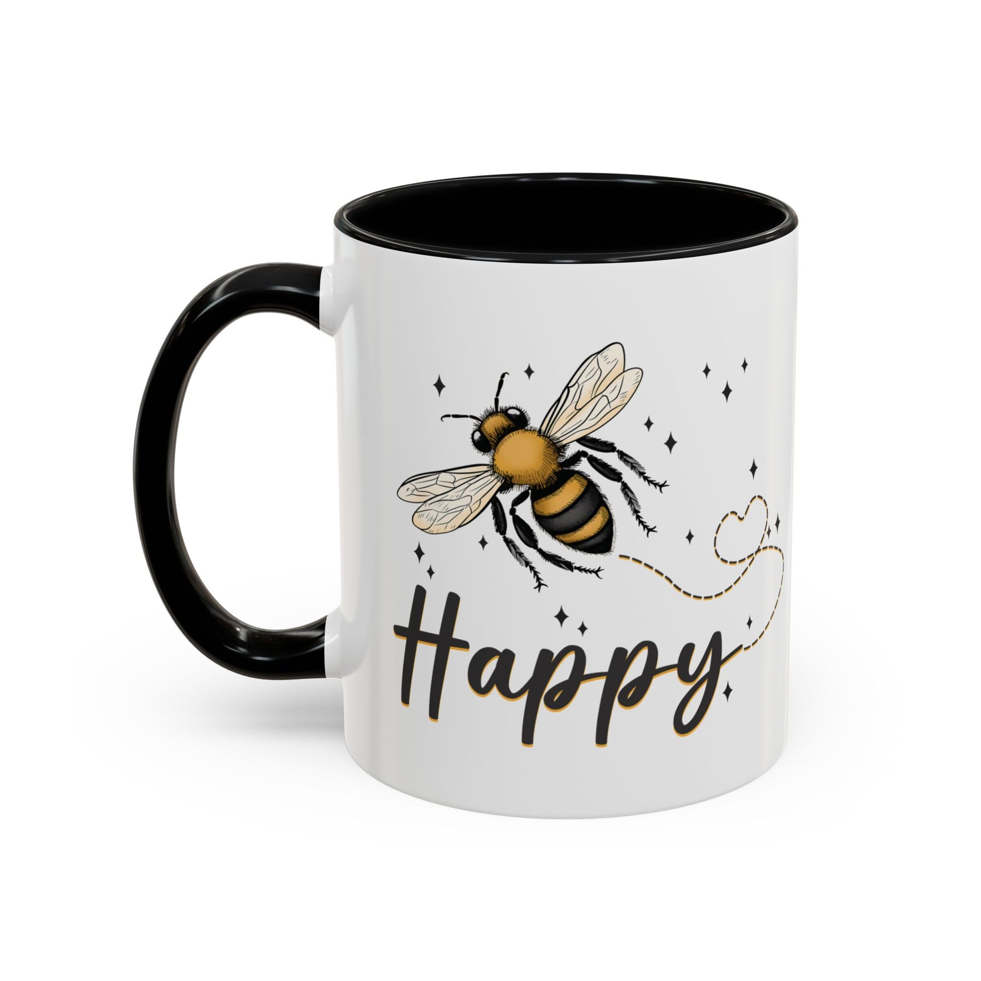 Bee Happy glazed ceramic mug with bee design, soft gold accents, and black handle and inside.