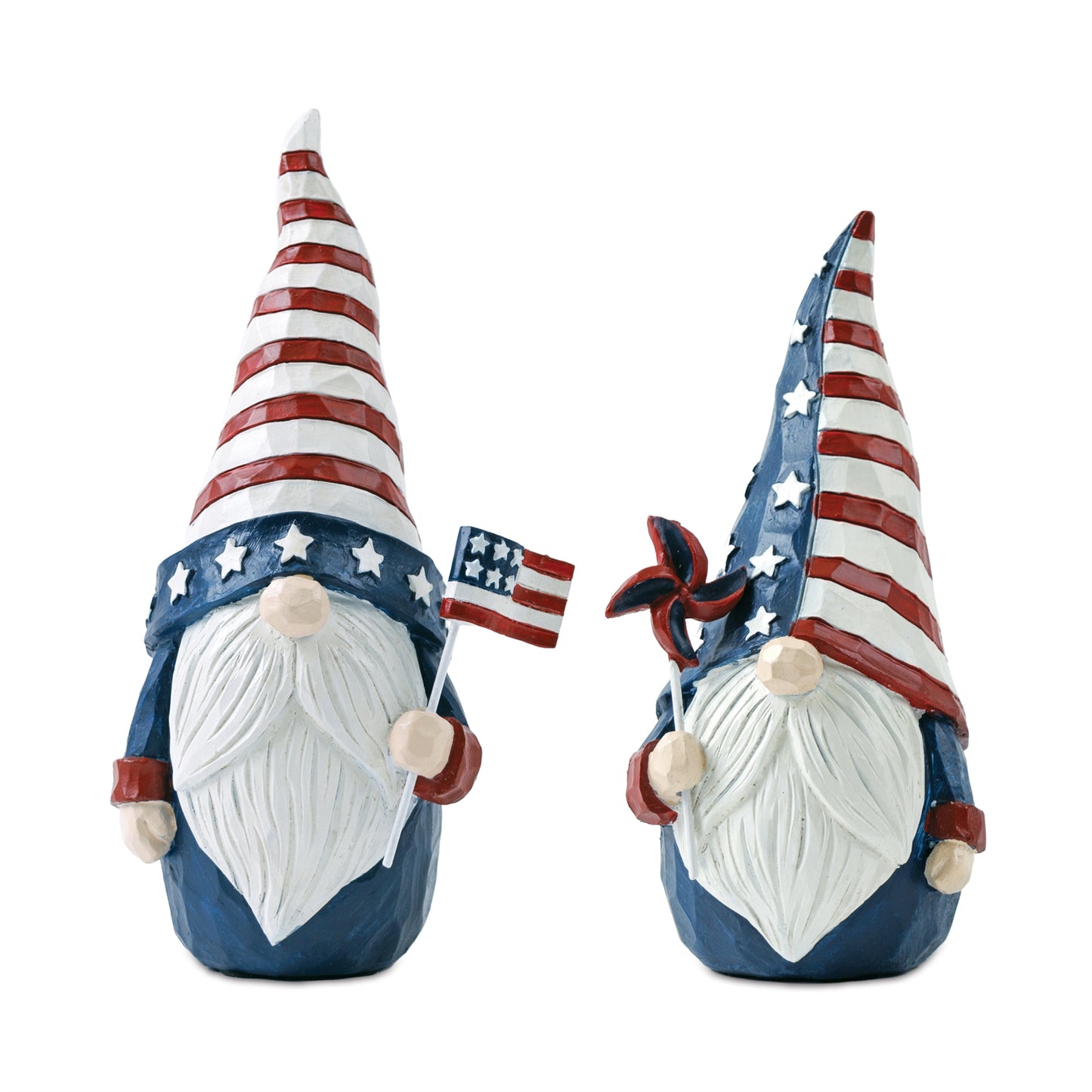Set of two Americana gnome figurines in red, white, and blue with flag and spinner accents