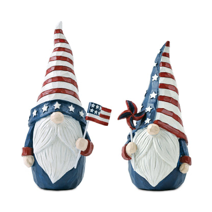 Set of two Americana gnome figurines in red, white, and blue with flag and spinner accents