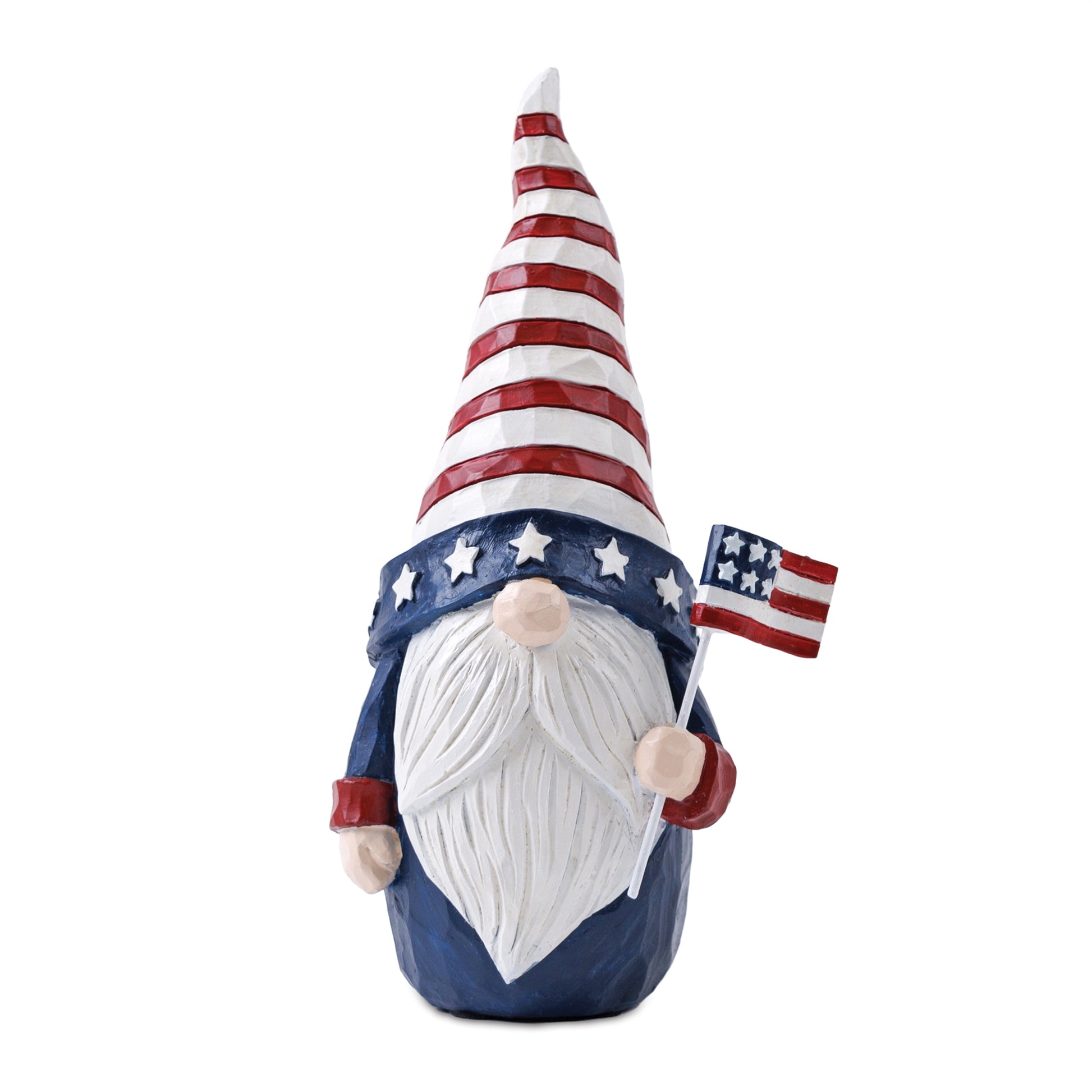 Set of two Americana gnome figurines in red, white, and blue with flag and spinner accents