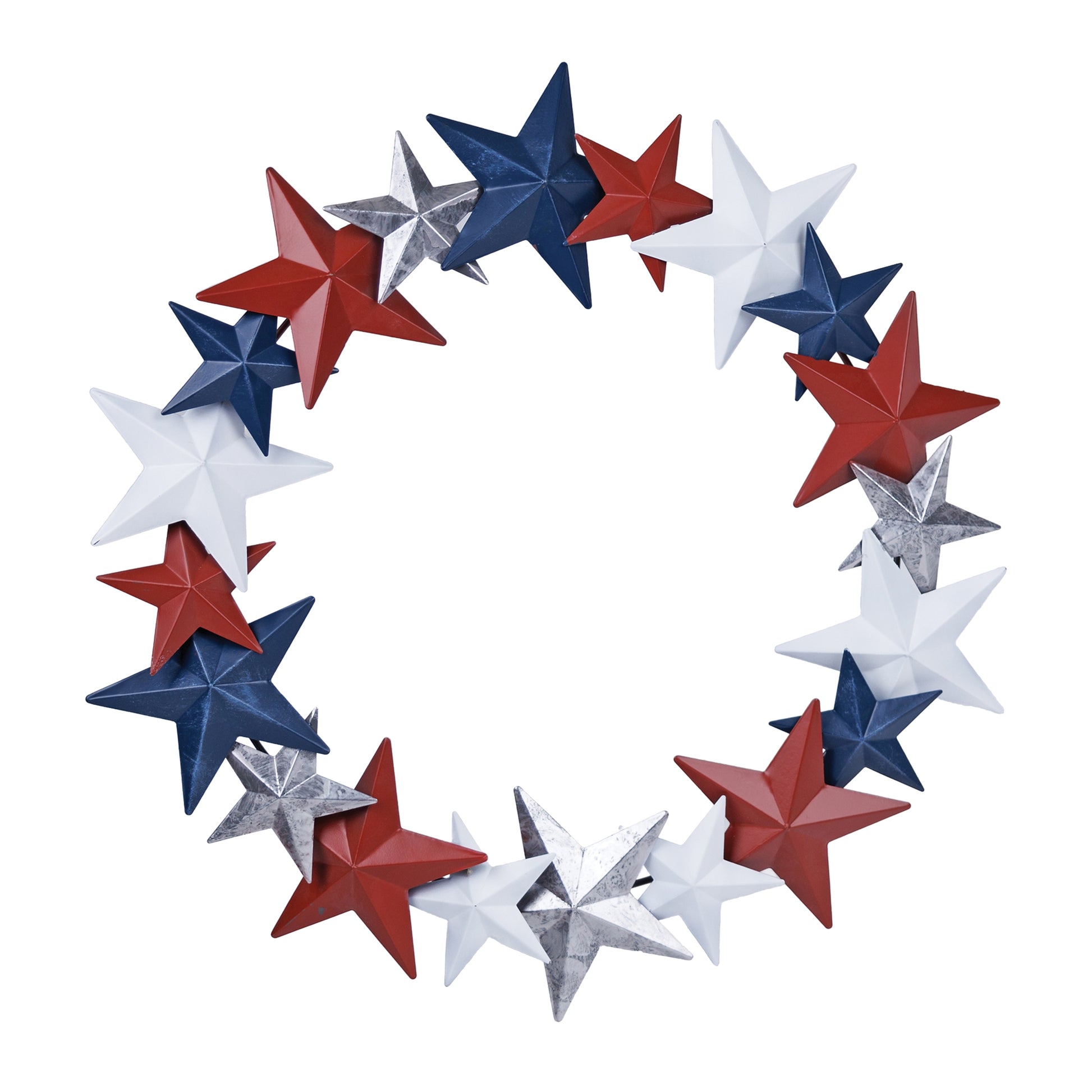 Americana Metal Star Wreath with bold red, white, and blue stars, crafted from durable metal, hanging on a rustic wooden door.