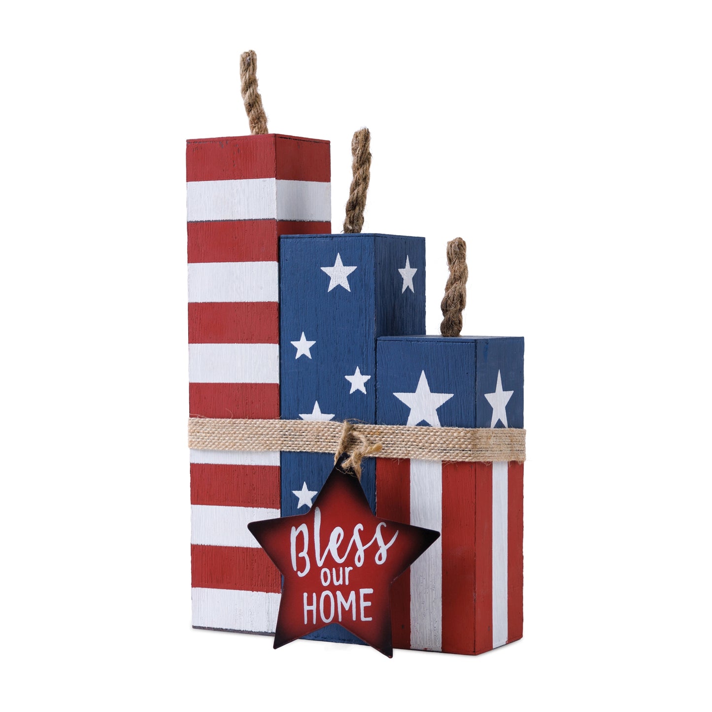 Three rustic wooden blocks in red, white, and blue with "Bless this Home" text, perfect for patriotic decor.