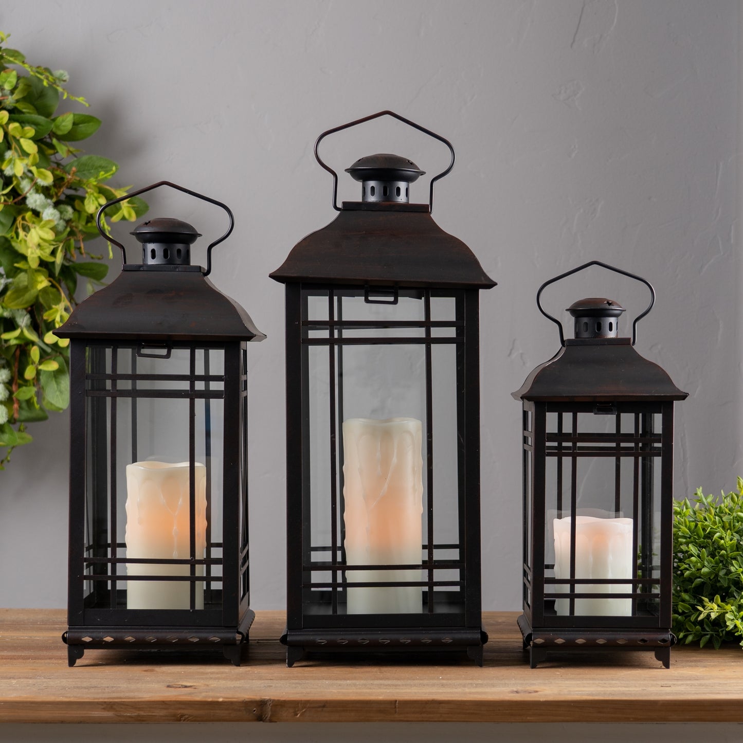 Set of Three Classic Farmhouse Black Metal Lanterns