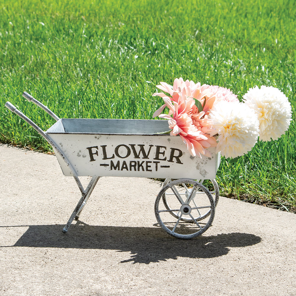 Vintage Flower Market Cart with weathered white paint, embossed lettering, and rustic charm, perfect for florals and decor.