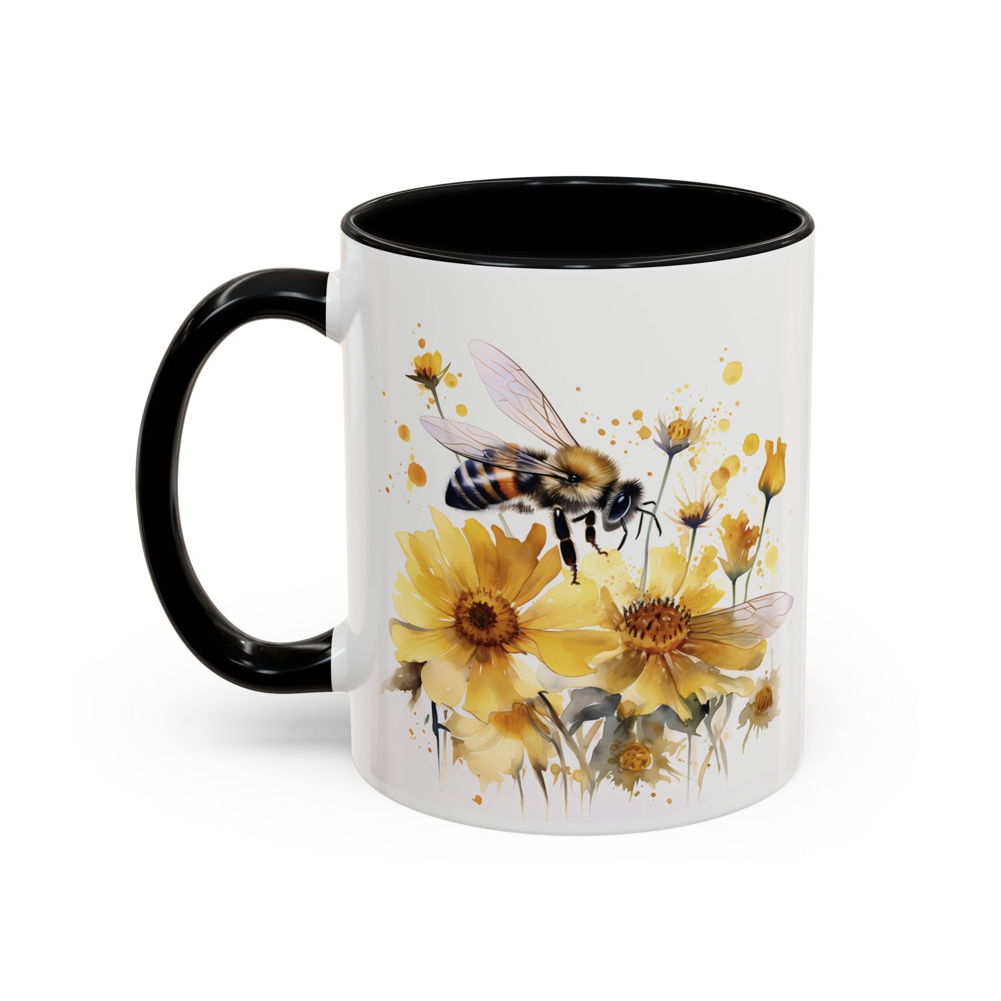 White ceramic mug with black handle and golden bee wildflower watercolor design