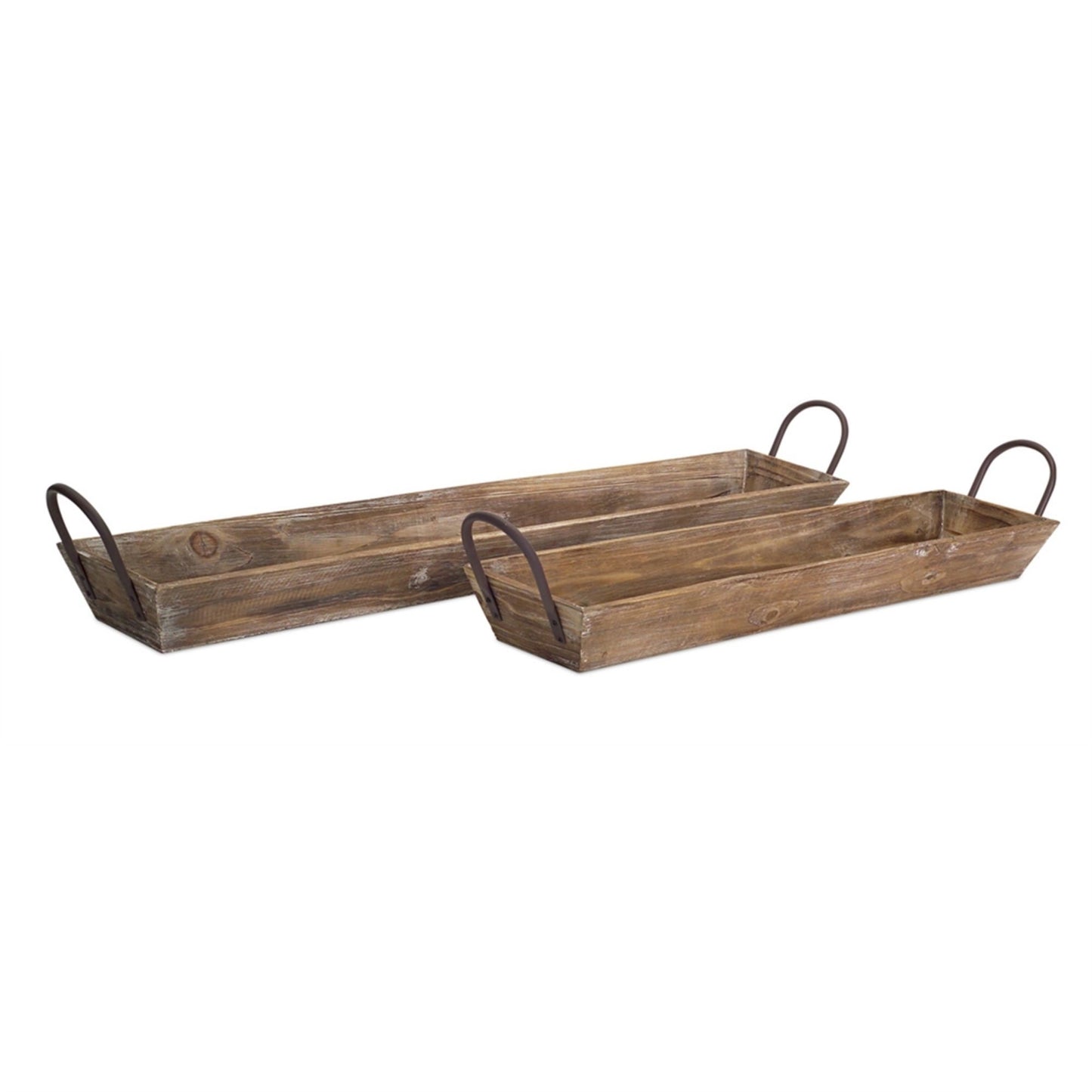 Set of two wooden trays with metal handles, natural wood finish, rustic serving trays for decor and snacks