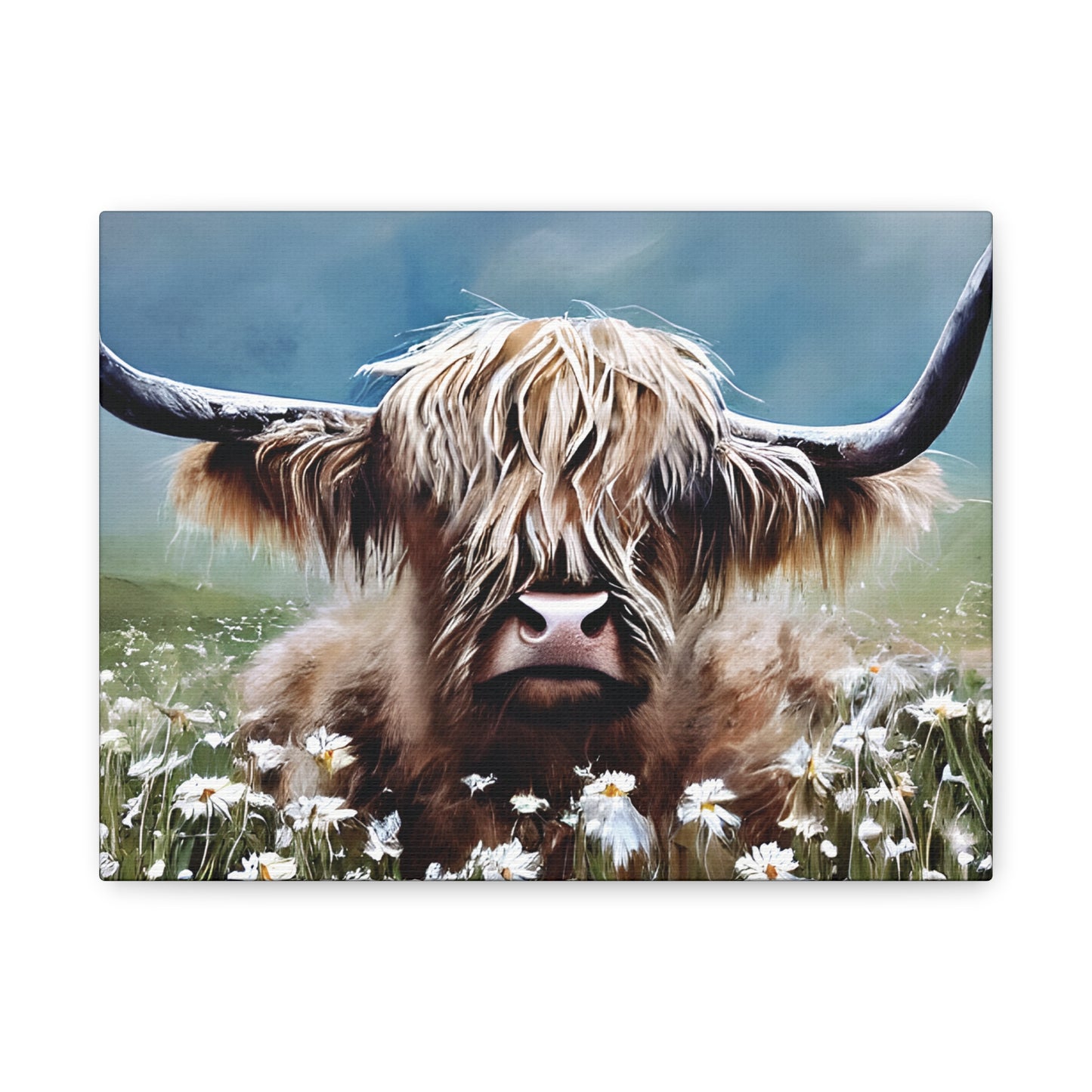 Highland Cow wall decor with watercolor style on artist-grade cotton canvas, showcasing rustic charm and vibrant colors.