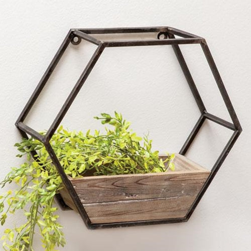 Hexagon-shaped wall planter with a rustic wooden container and light distressing, enhancing vintage elegance in any space.