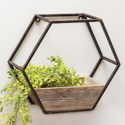 Hexagon-shaped wall planter with a rustic wooden container and light distressing, enhancing vintage elegance in any space.