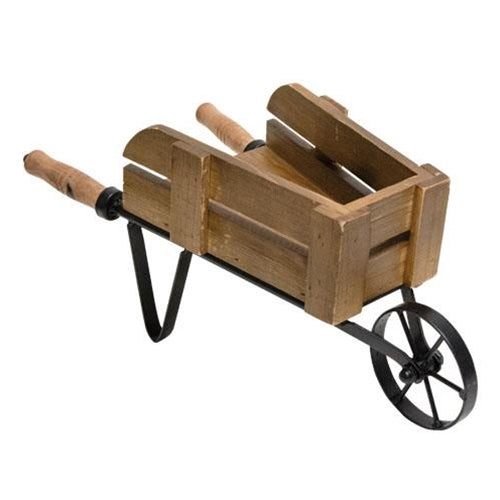 Distressed Garden Wheelbarrow with realistic metal and wood details, perfect for displaying dolls or potted flowers in a garden.