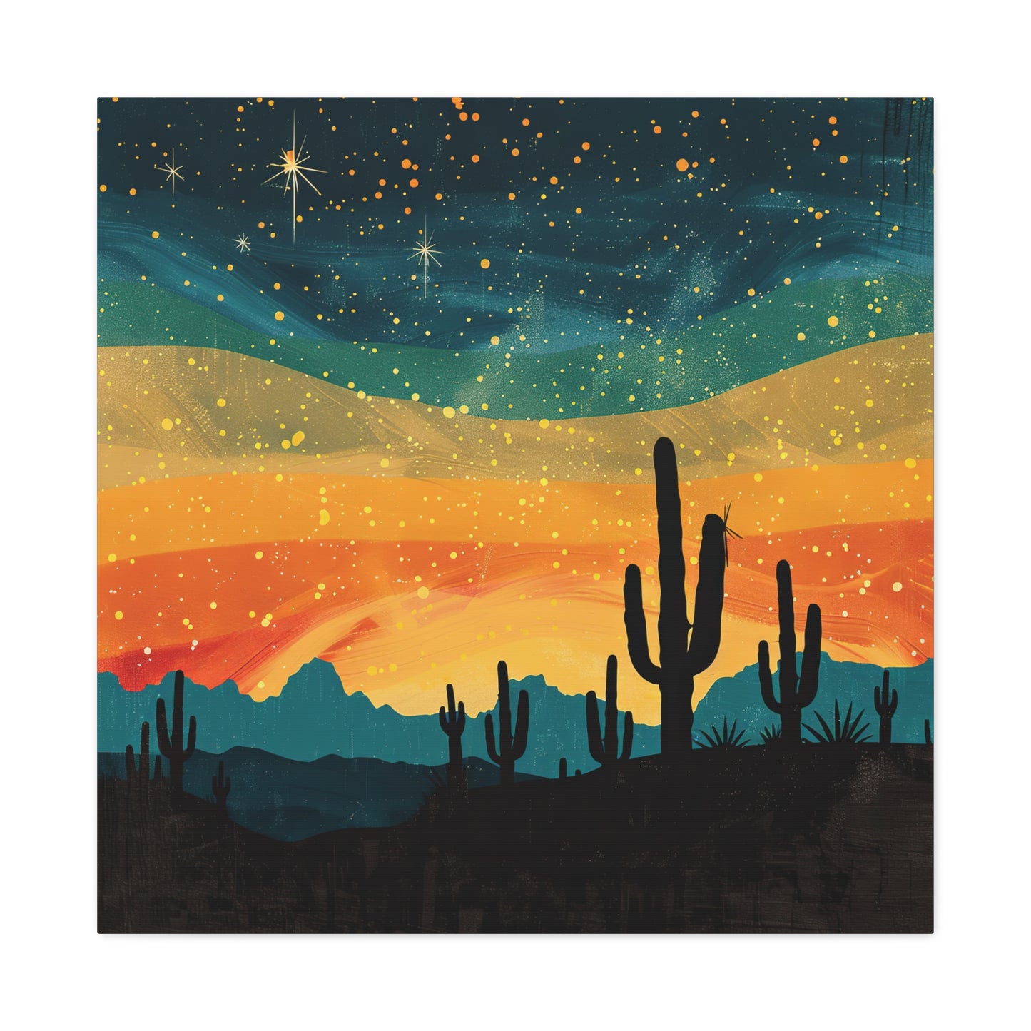 Vintage desert landscape art on matte canvas, featuring Southwest charm, stretched on pine frame with hanging hardware included.