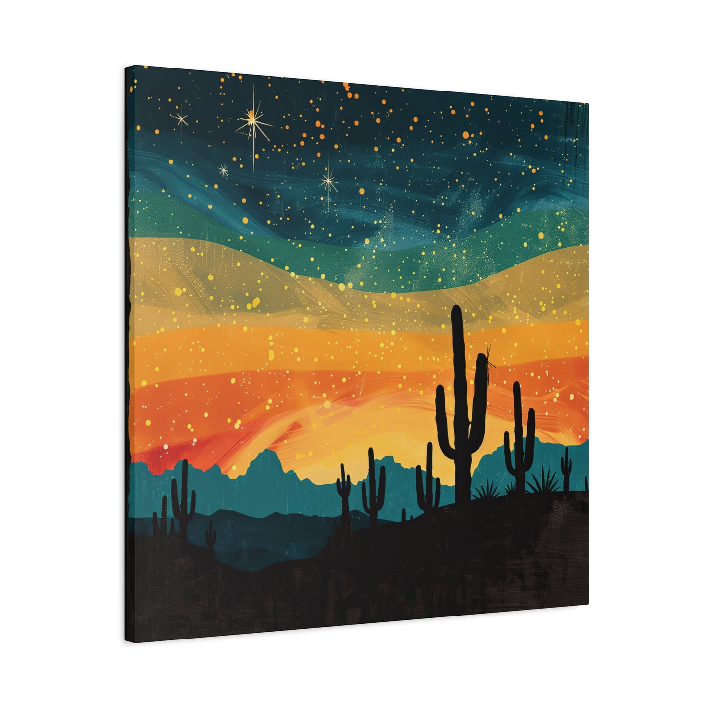 Vintage desert landscape art on matte canvas, featuring Southwest charm, stretched on pine frame with hanging hardware included.