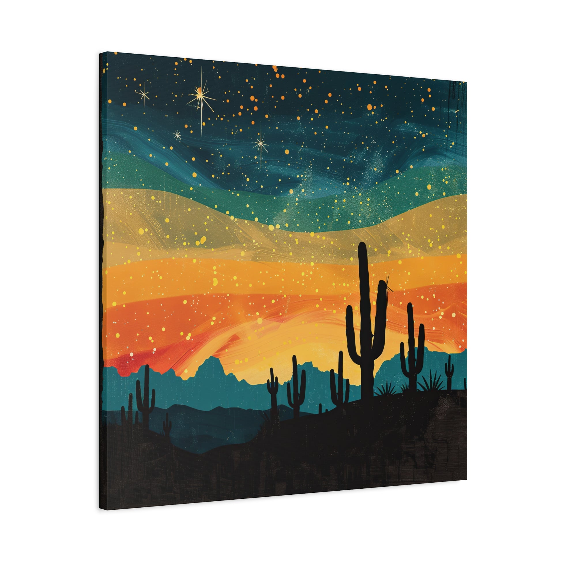 Vintage desert landscape art on matte canvas, featuring Southwest charm, stretched on pine frame with hanging hardware included.