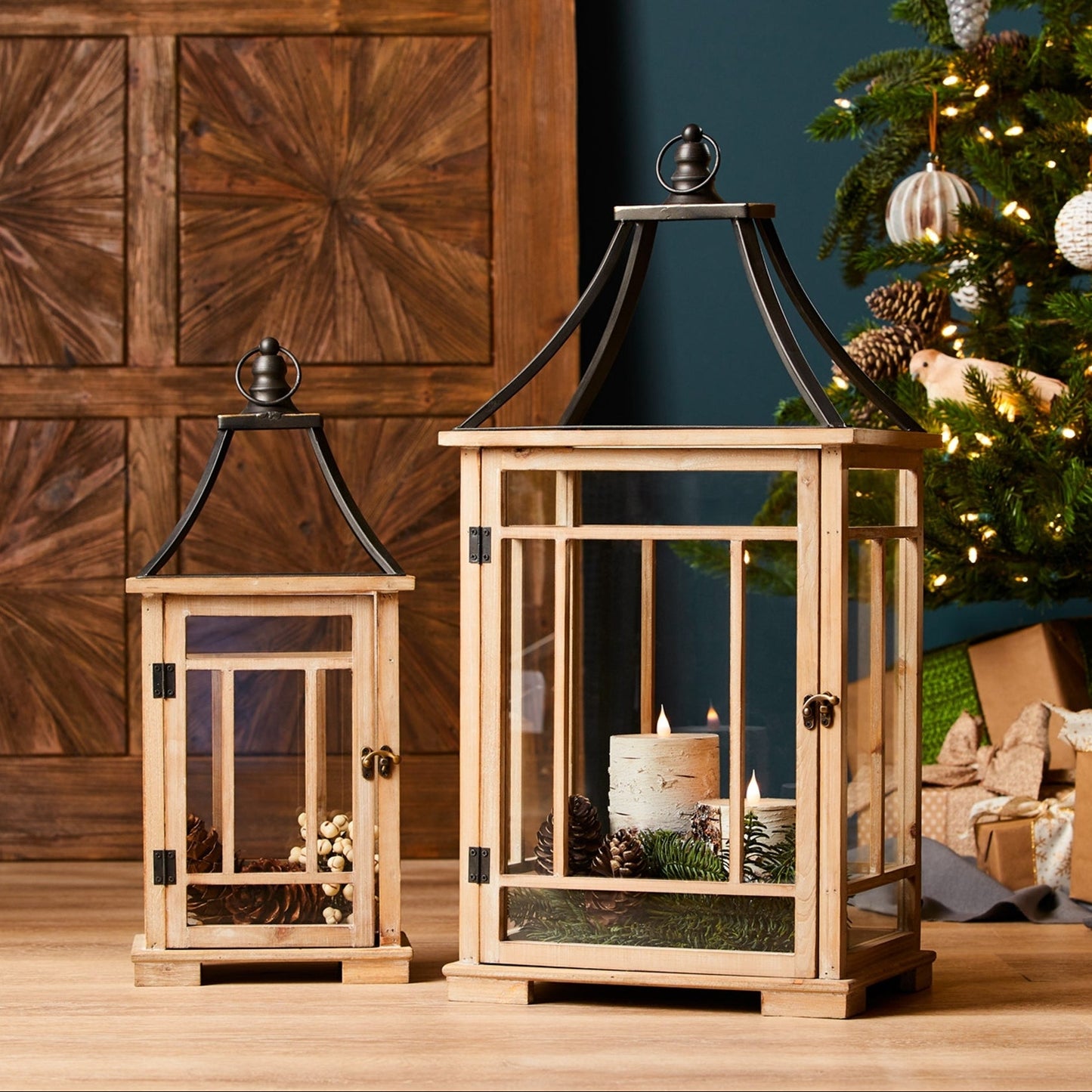 Rustic wooden lantern set with metal lids, showcasing farmhouse charm for cozy, vintage-inspired decor.