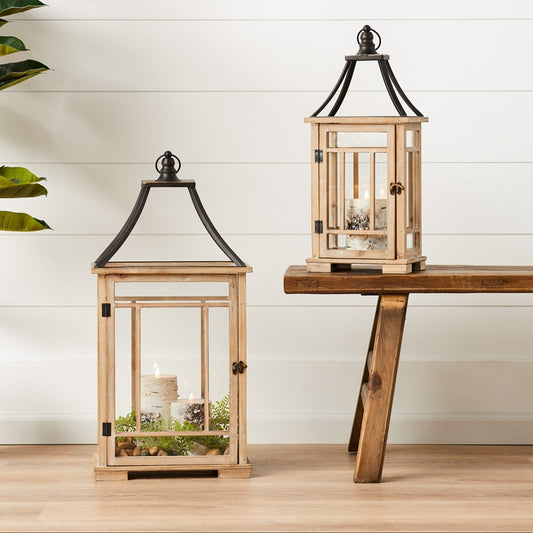 Rustic wooden lantern set with metal lids, showcasing farmhouse charm for cozy, vintage-inspired decor.