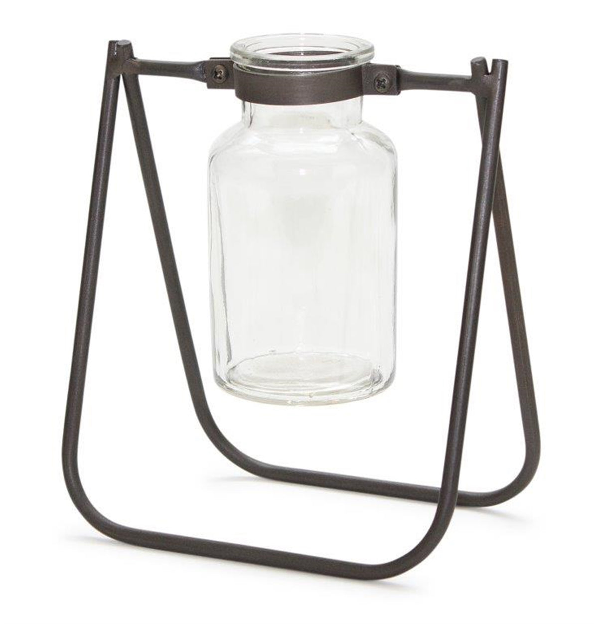 Set of two hanging glass jar vases with rustic brown metal stands for farmhouse, vintage home decor
