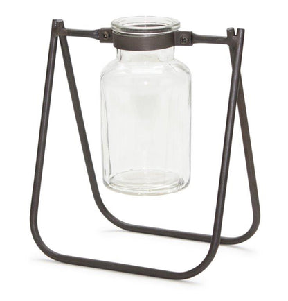 Set of two hanging glass jar vases with rustic brown metal stands for farmhouse, vintage home decor