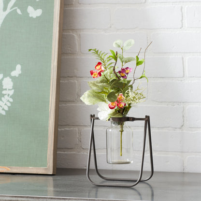 Set of two hanging glass jar vases with rustic brown metal stands for farmhouse, vintage home decor