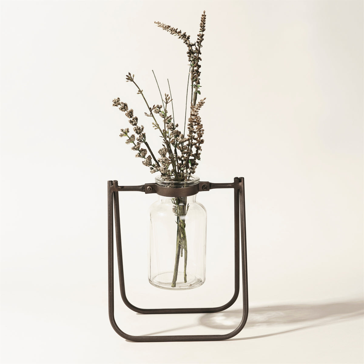Set of two hanging glass jar vases with rustic brown metal stands for farmhouse, vintage home decor