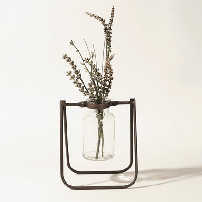 Set of two hanging glass jar vases with rustic brown metal stands for farmhouse, vintage home decor