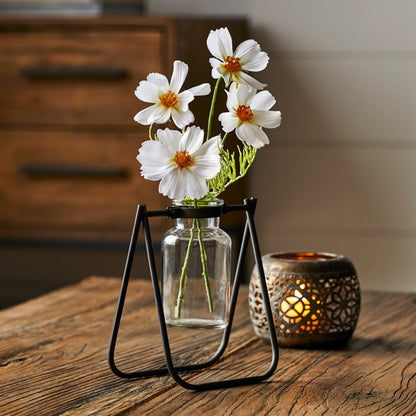 Set of two hanging glass jar vases with rustic brown metal stands for farmhouse, vintage home decor