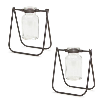 Set of two hanging glass jar vases with rustic brown metal stands for farmhouse, vintage home decor