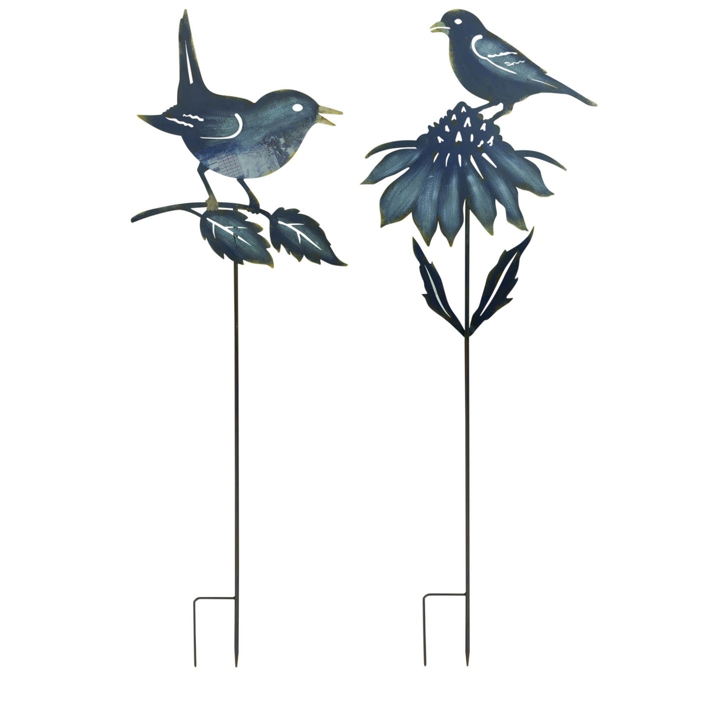 Set of 2 Iron Bird Cut Out and Flower Garden Stakes