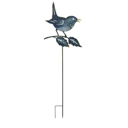 Garden stakes with bird and floral accents in blue and gold, adding a whimsical touch to outdoor spaces. Set of two designs.