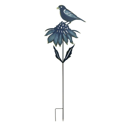 Garden stakes with bird and floral accents in blue and gold, adding a whimsical touch to outdoor spaces. Set of two designs.