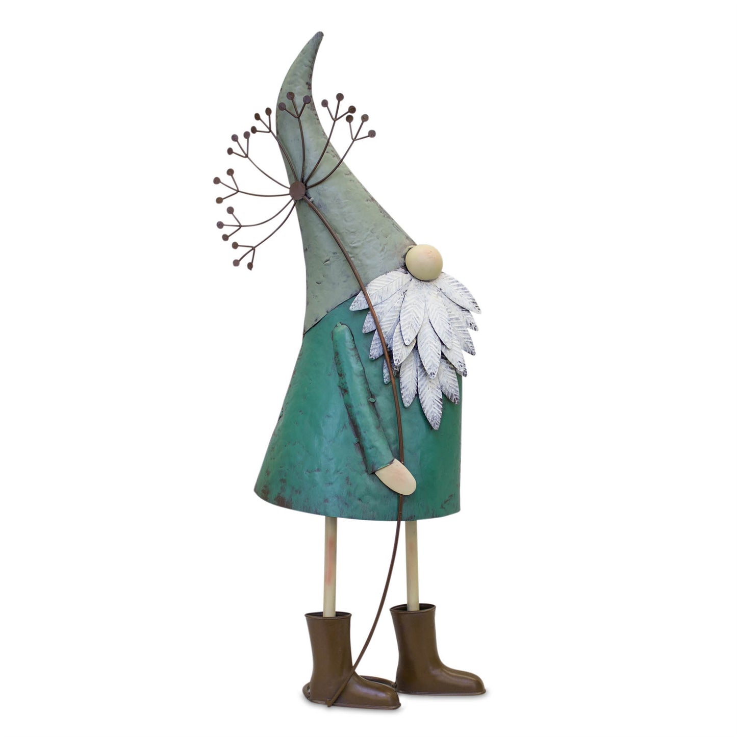 Two vibrant teal iron garden gnomes with rustic metal finish, standing tall on a porch, adding whimsy and color to the space.