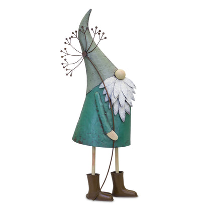 Two vibrant teal iron garden gnomes with rustic metal finish, standing tall on a porch, adding whimsy and color to the space.