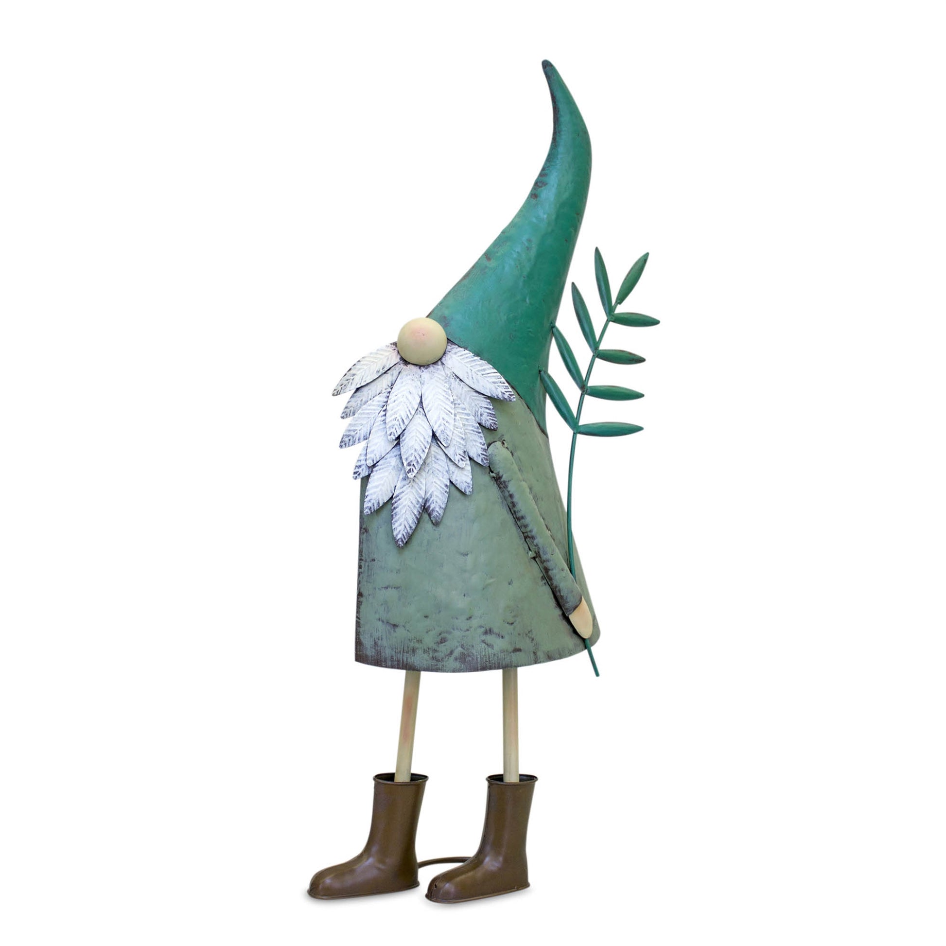 Two vibrant teal iron garden gnomes with rustic metal finish, standing tall on a porch, adding whimsy and color to the space.