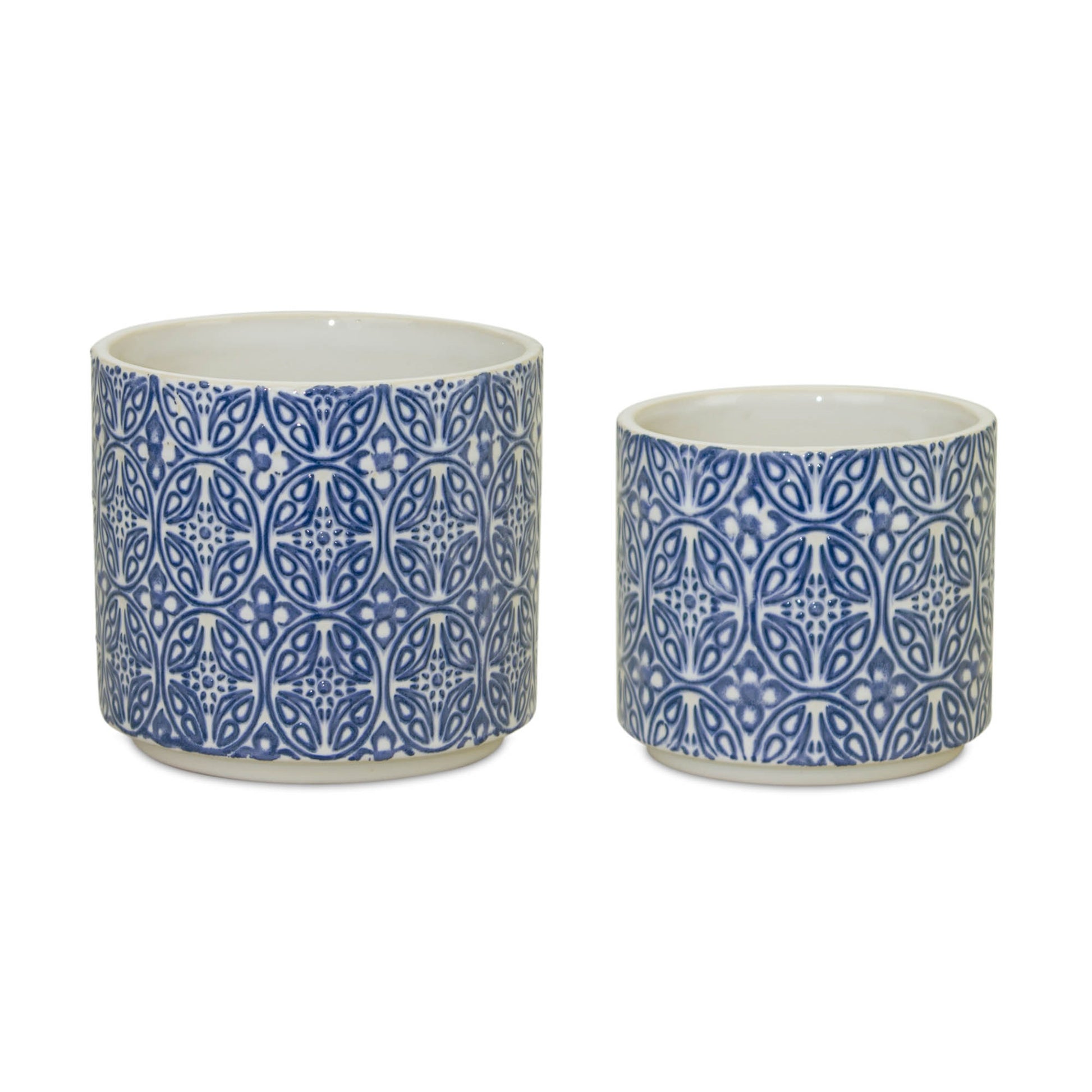 Two ceramic pots with blue and white pattern on a white background